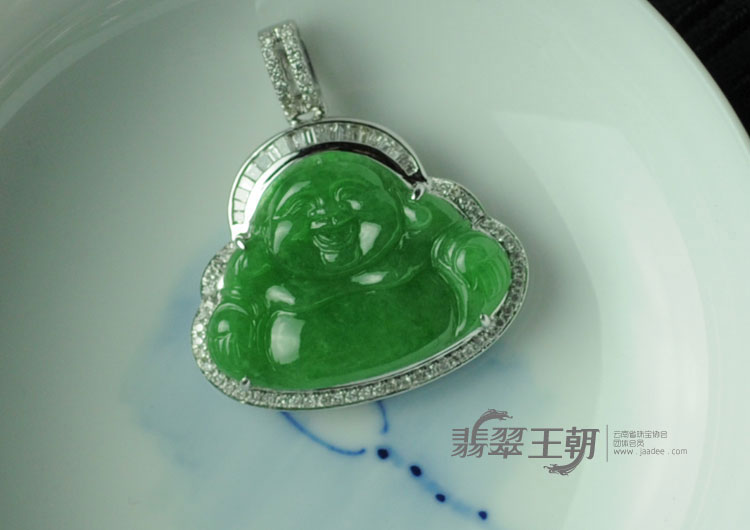 糯冰种正阳绿满绿包白金缅甸翡翠玉佛挂件