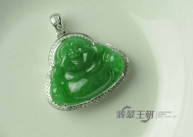 糯冰种正阳绿满绿包白金缅甸翡翠玉佛挂件