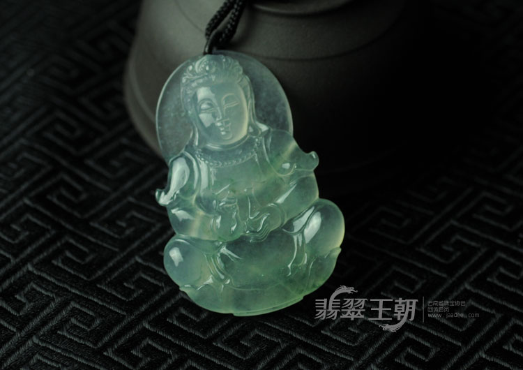 冰种飘花缅甸翡翠观音挂件