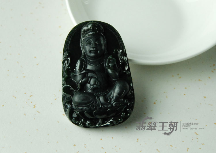 冰种墨翠缅甸翡翠观音挂件