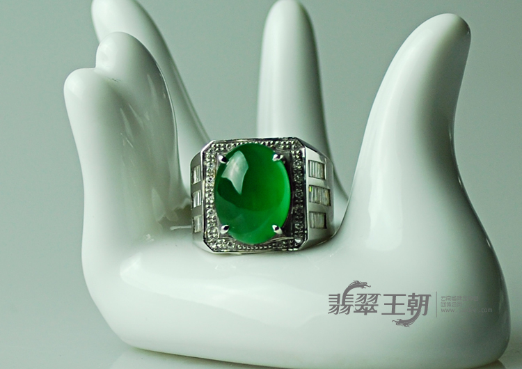冰玻种正阳绿满绿包白金缅甸翡翠男戒