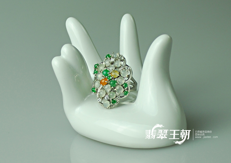 冰种三彩925银镀白金缅甸翡翠富贵花开戒指