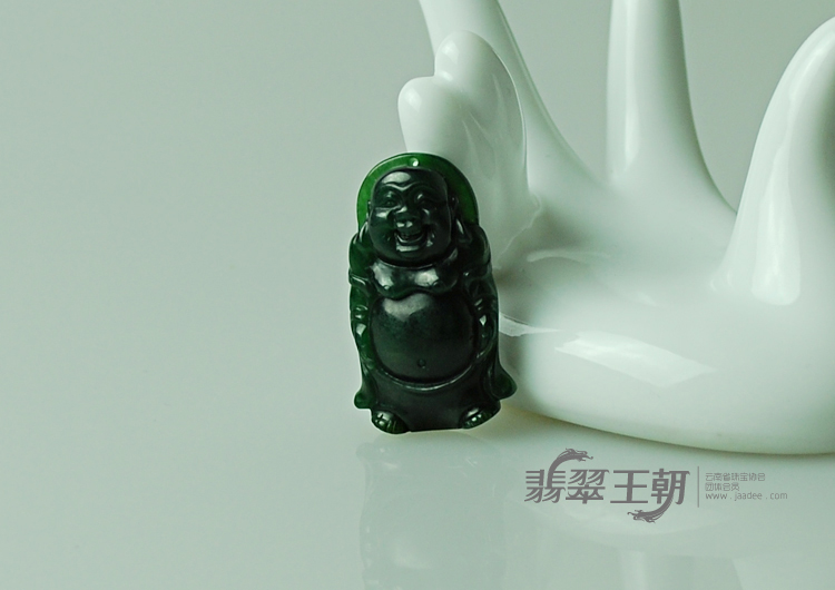 糯冰种墨翠缅甸翡翠站佛挂件