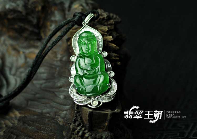 冰玻种墨绿满绿缅甸翡翠镶白金观音挂件