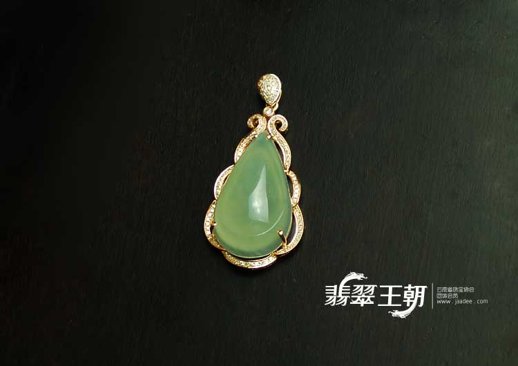 冰种晴水缅甸翡翠镶玫瑰金“玉露”胸坠