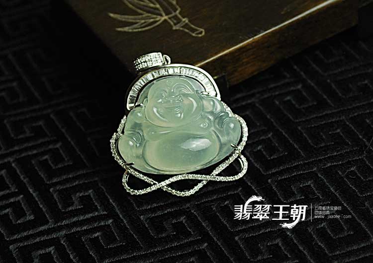 冰种晴水缅甸翡翠镶白金玉佛挂件