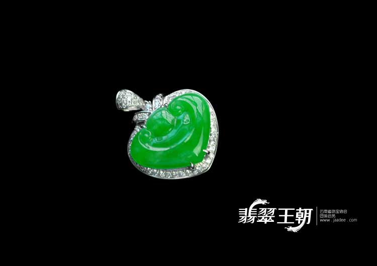 冰种阳绿满绿缅甸翡翠镶白金如意胸坠