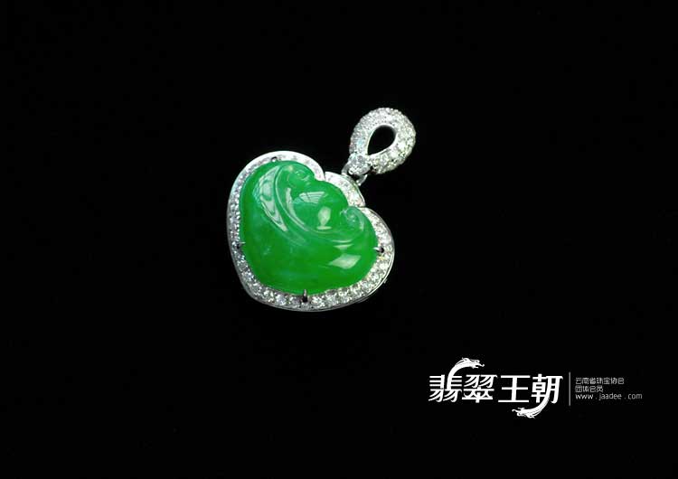 冰种阳绿满绿缅甸翡翠镶白金如意胸坠