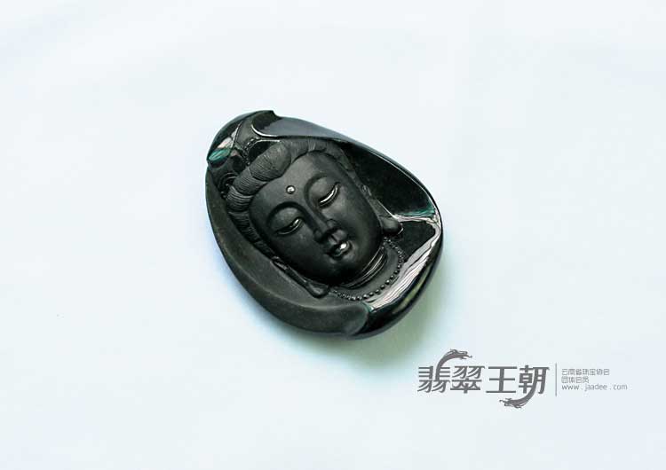 细糯种墨翠缅甸翡翠观音头挂件