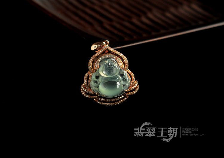 玻璃种强莹光晴水缅甸翡翠镶玫瑰金玉佛挂件