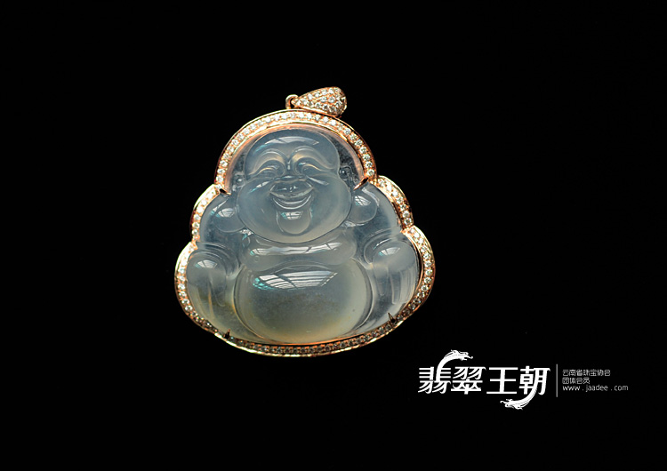 冰种黄翡缅甸翡翠包玫瑰金玉佛挂件(真钻)
