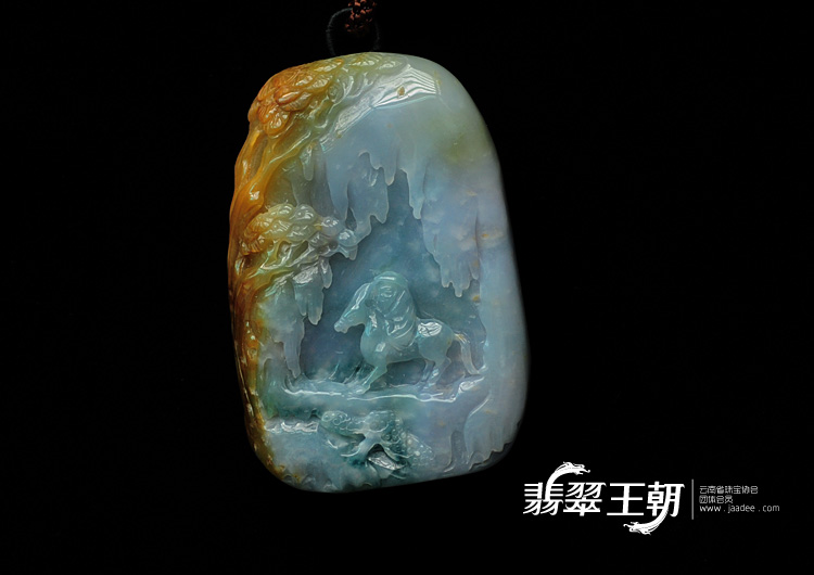 糯冰种三彩缅甸翡翠古道西风瘦马挂件