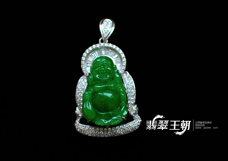 糯冰种正阳绿满绿缅甸翡翠镶白金站佛挂件