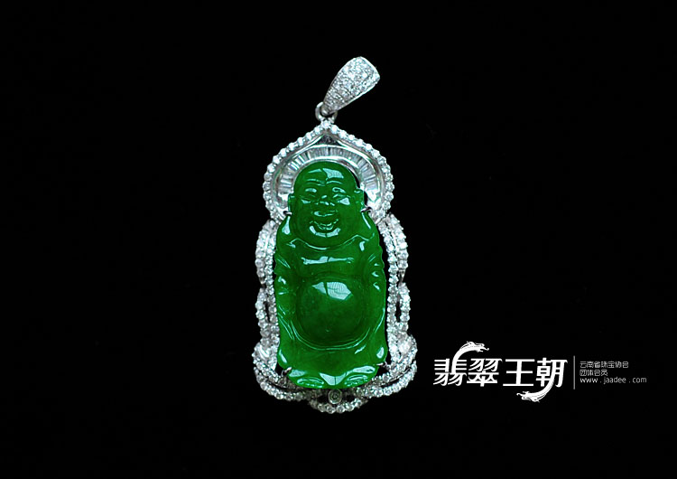 糯冰种正阳绿满绿缅甸翡翠镶白金站佛挂件
