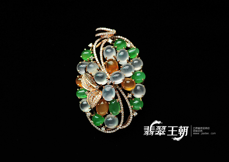 冰玻种三彩缅甸翡翠玫瑰金胸坠(真钻)