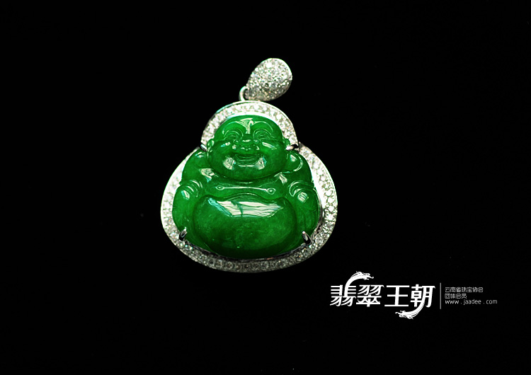 糯冰种浓绿缅甸翡翠包白金玉佛挂件(真钻)