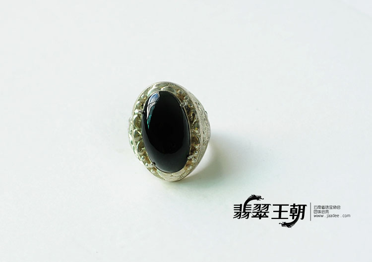冰种墨翠缅甸翡翠镀银戒指