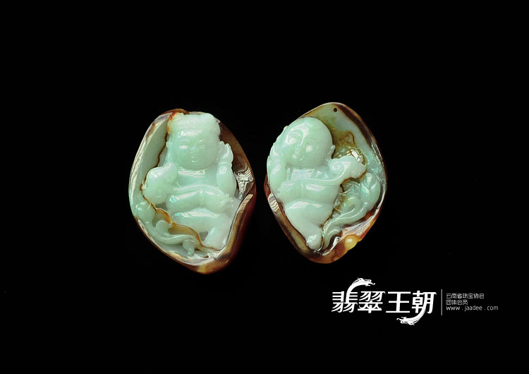 细糯种褐黄翡缅甸翡翠金童玉女挂件(一对)