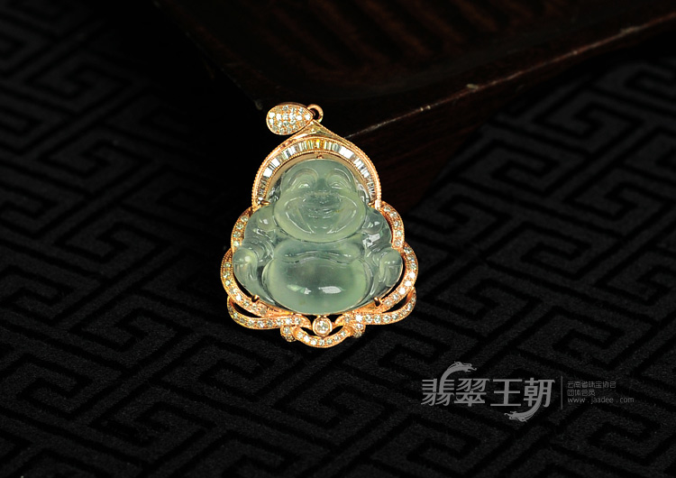 冰玻种缅甸翡翠镶玫瑰金玉佛挂件