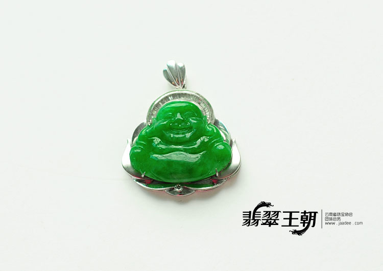 糯冰种满绿缅甸翡翠镶白金玉佛挂件