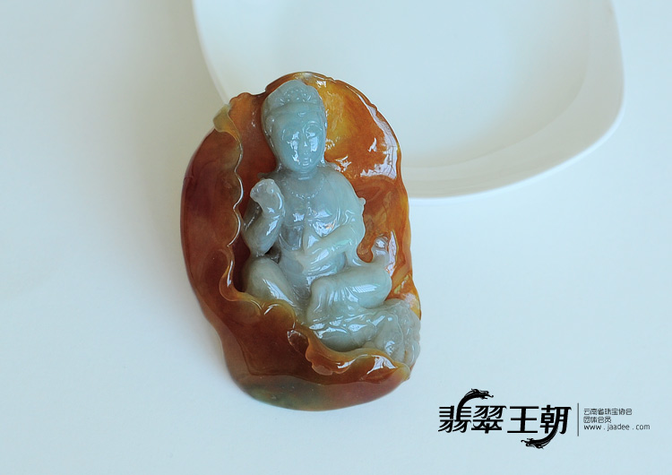 糯冰种红黄翡缅甸翡翠观音挂件