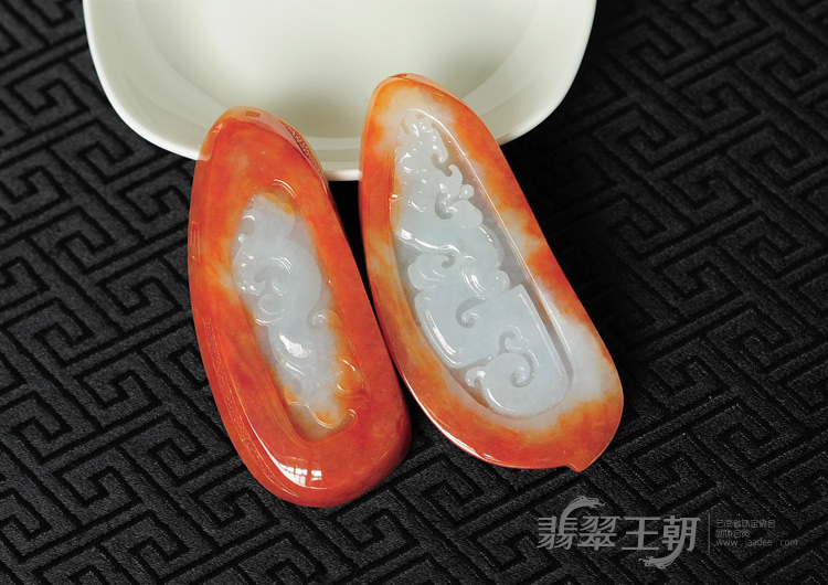 糯冰种红黄翡缅甸翡翠仿古龙凤呈祥对配（一对）