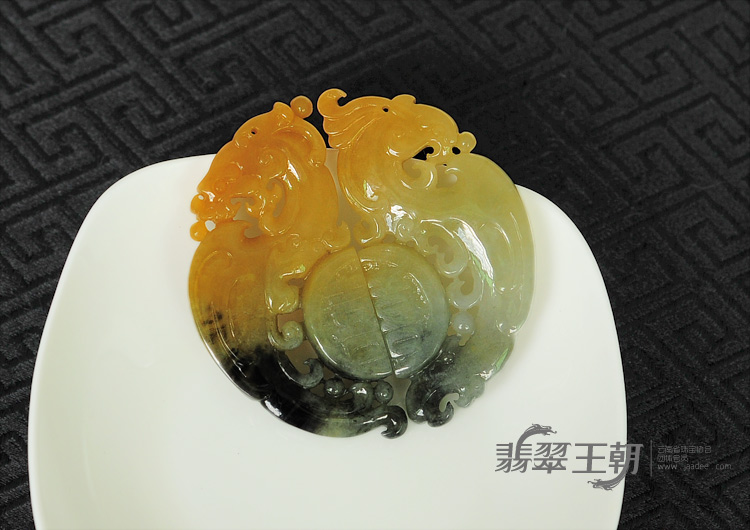 糯冰种黄翡墨色缅甸翡翠龙凤呈祥双喜对配（一对）
