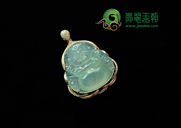 冰种飘花缅甸翡翠镶玫瑰金玉佛(真钻)