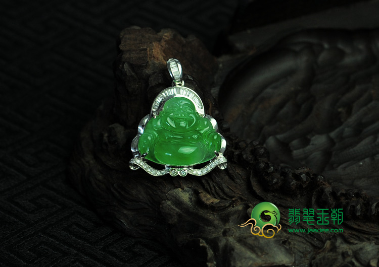 冰种满绿缅甸翡翠镶白金玉佛挂件(真钻)