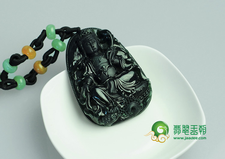 冰玻种墨翠缅甸翡翠莲花观音挂件