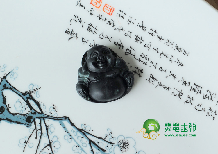 冰种墨翠缅甸翡翠玉佛挂件