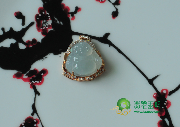 冰种缅甸翡翠镶玫瑰金玉佛挂件（真钻）