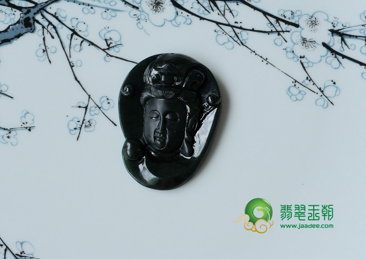 冰种墨翠缅甸翡翠观音头挂件