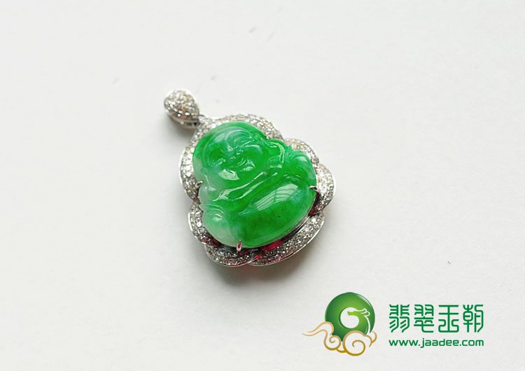 糯冰种阳绿缅甸翡翠包白金玉佛挂件（真钻）