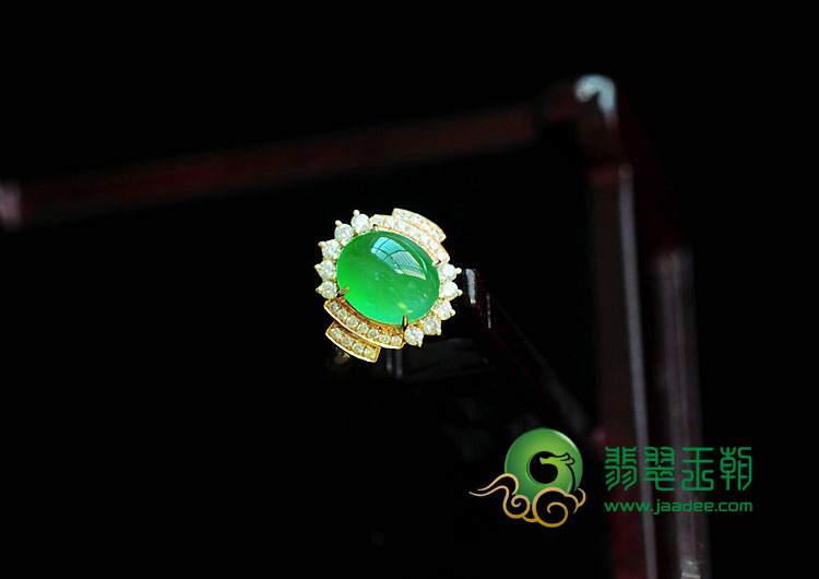 冰种黄秧绿缅甸翡翠镶玫瑰金戒指（真钻）