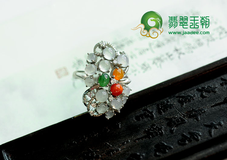 冰种三彩缅甸翡翠银镀金花形戒指