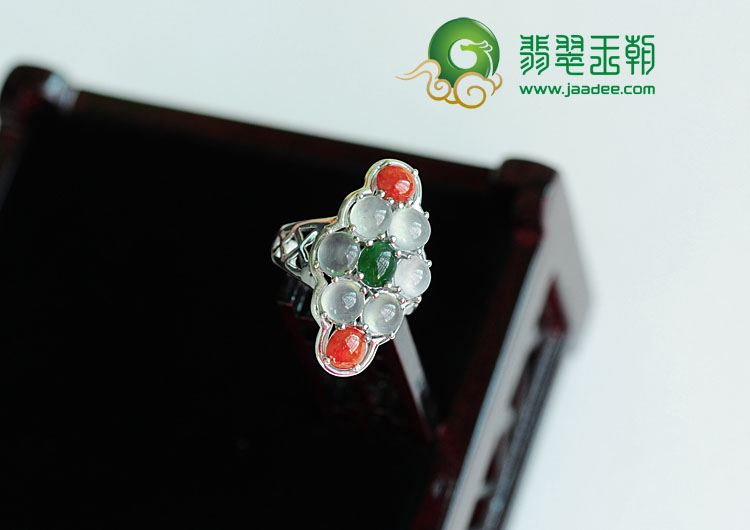 冰种三彩缅甸翡翠银镀金花形戒指