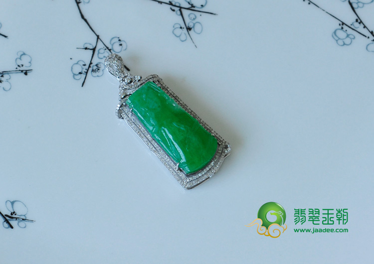 糯冰种阳绿满绿缅甸翡翠镶白金节节高挂件