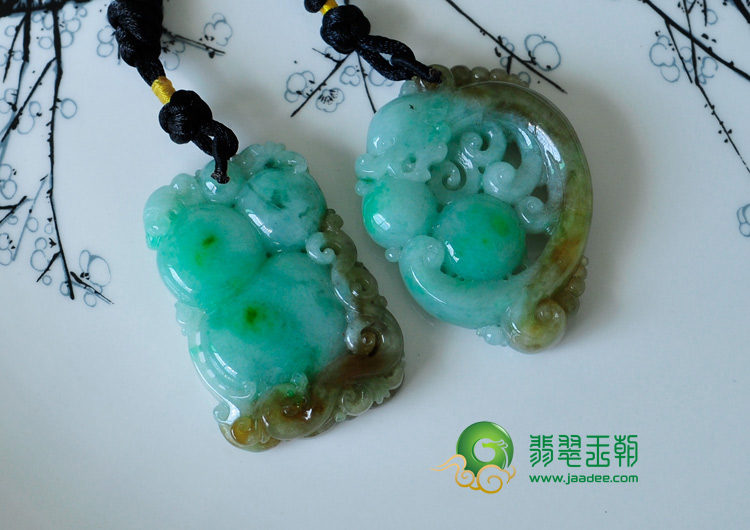 糯冰种黄加绿缅甸翡翠福禄寿挂件（一对）