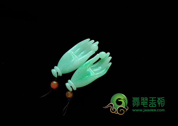 糯冰种翠色缅甸翡翠佛手挂件（一对）