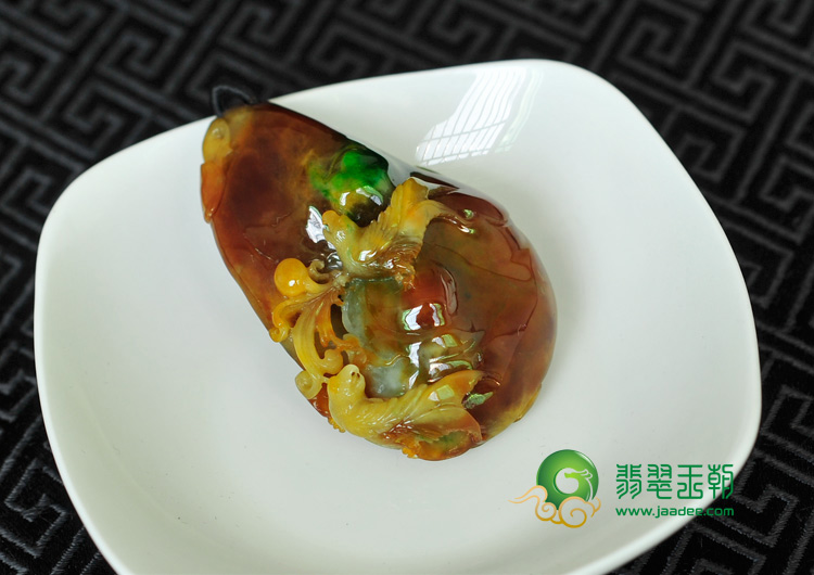 糯冰种褐红加绿缅甸翡翠富贵双喜挂件