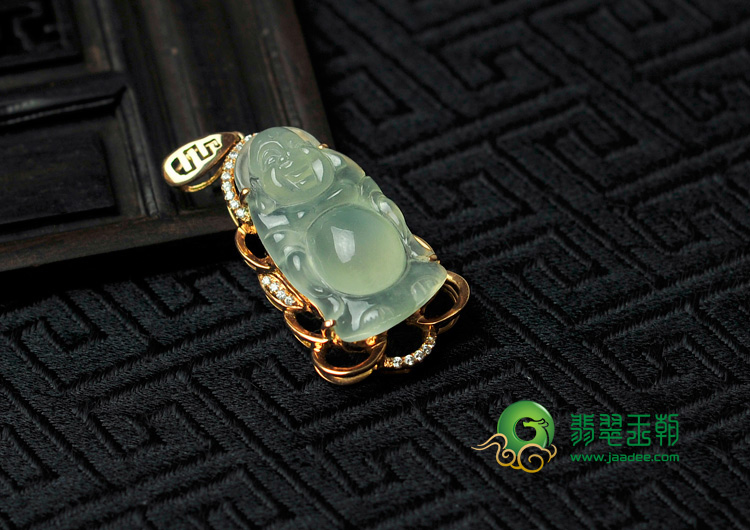 冰种淡晴水缅甸翡翠镶玫瑰金站佛挂件（水钻）