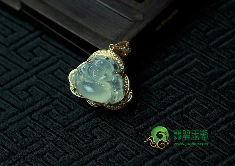 冰种缅甸翡翠镶玫瑰金玉佛挂件（水钻）