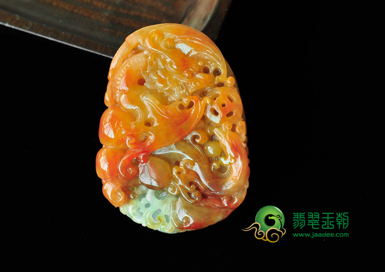 糯冰种红黄翡缅甸翡翠龙凤呈祥挂件