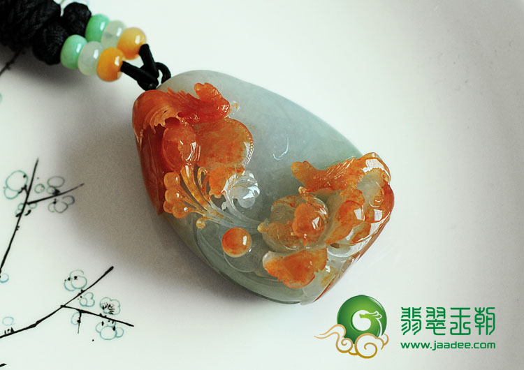 糯冰种红黄翡缅甸翡翠富贵双喜挂件