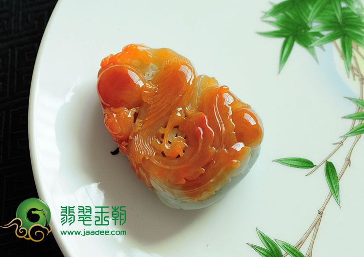 糯冰种红黄翡缅甸翡翠丹凤朝阳手玩件