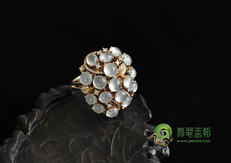 玻璃种缅甸翡翠包玫瑰金花形戒指（真钻）