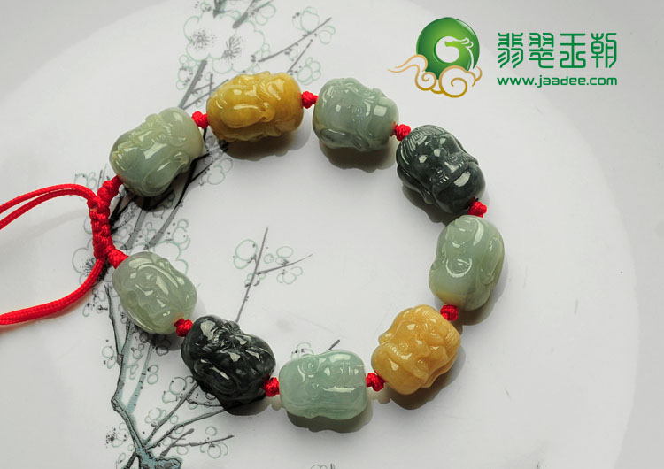 糯冰种三彩缅甸翡翠罗汉头手链