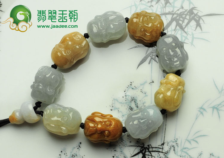 糯冰种三彩缅甸翡翠罗汉头手链