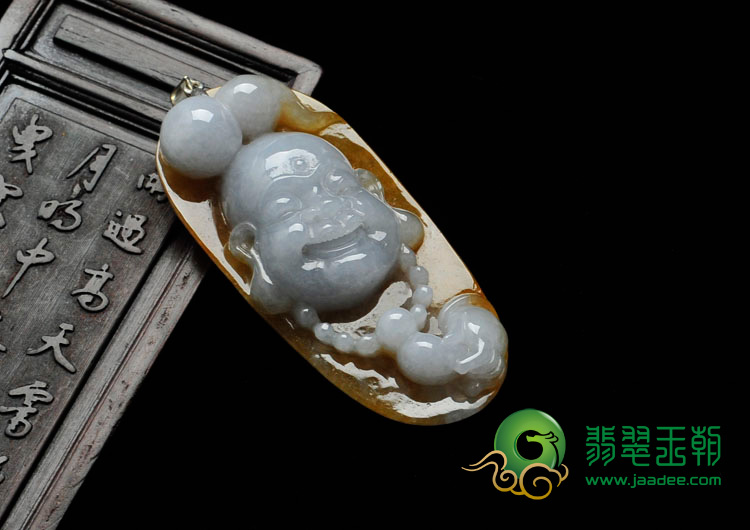 糯冰种黄翡缅甸翡翠开心罗汉头挂件